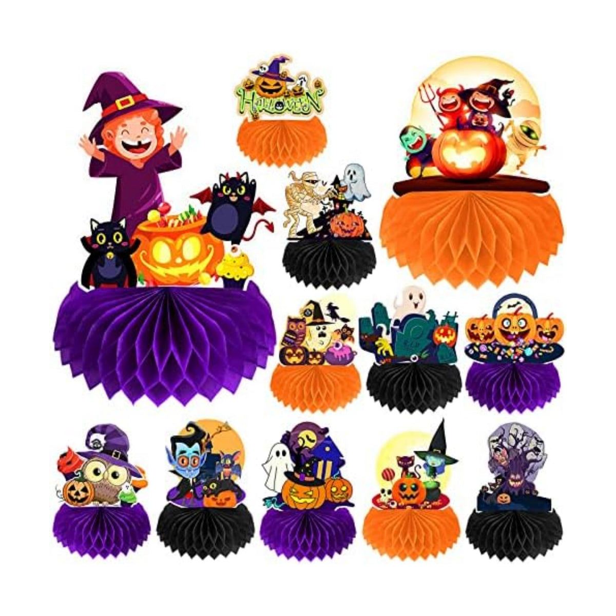 12 Pack Halloween Honeycomb Centerpieces Table Decorations,Pumpkin Ghost Witch Cat Tombstone and More Halloween Elements for Halloween Party Favors Supplies,Cute Party Home Room Table Desk Decor