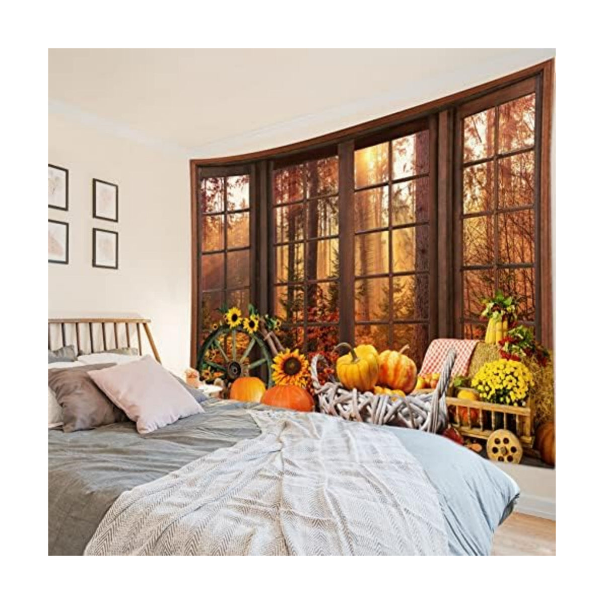 HVEST Fall Tapestry Autumn Maple Tree Forest Scenery outside Window Tapestry for Bedroom, Pumpkin Sunflower Thanksgiving Wall Tapestry for Home Living Room Dorm Holiday Wall Decor, 92.5W X 70.9H