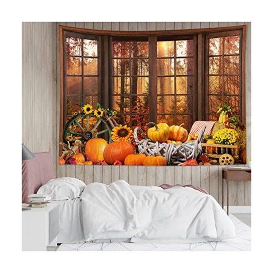 HVEST Fall Tapestry Autumn Maple Tree Forest Scenery outside Window Wall Art for Bedroom, Pumpkin Sunflower Thanksgiving Wall Tapestry for Home Living Room Dorm Holiday Wall Decor, 59W X 51L Inches