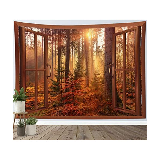 HVEST Fall Tapestry Autumn Maple Tree Forest Scenery outside Window Tapestry for Bedroom, Rustic Thanksgiving Wall Art for Living Room Dorm Holiday Wall Decor, 60W X 40H Inches