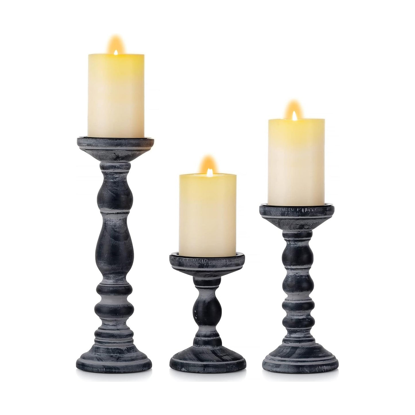 Romadedi Black and Gray Distressed Wood Pillar Candle Holders, Set of 3 | Rustic Farmhouse Wood Candle Set for Mantel