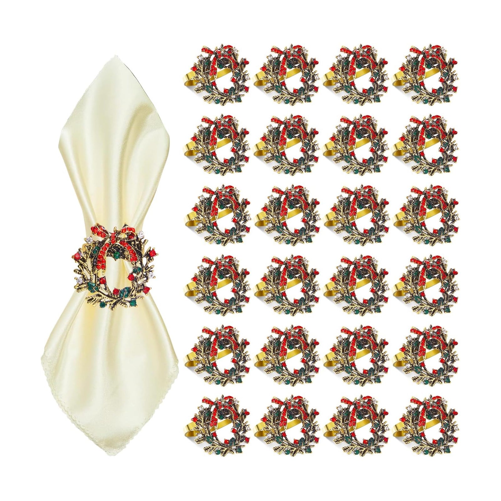 Christmas Wreath Napkin Rings Set of 24, Holiday Christmas Napkin Ring Holders for Cloth Napkins, Serviette Buckles for