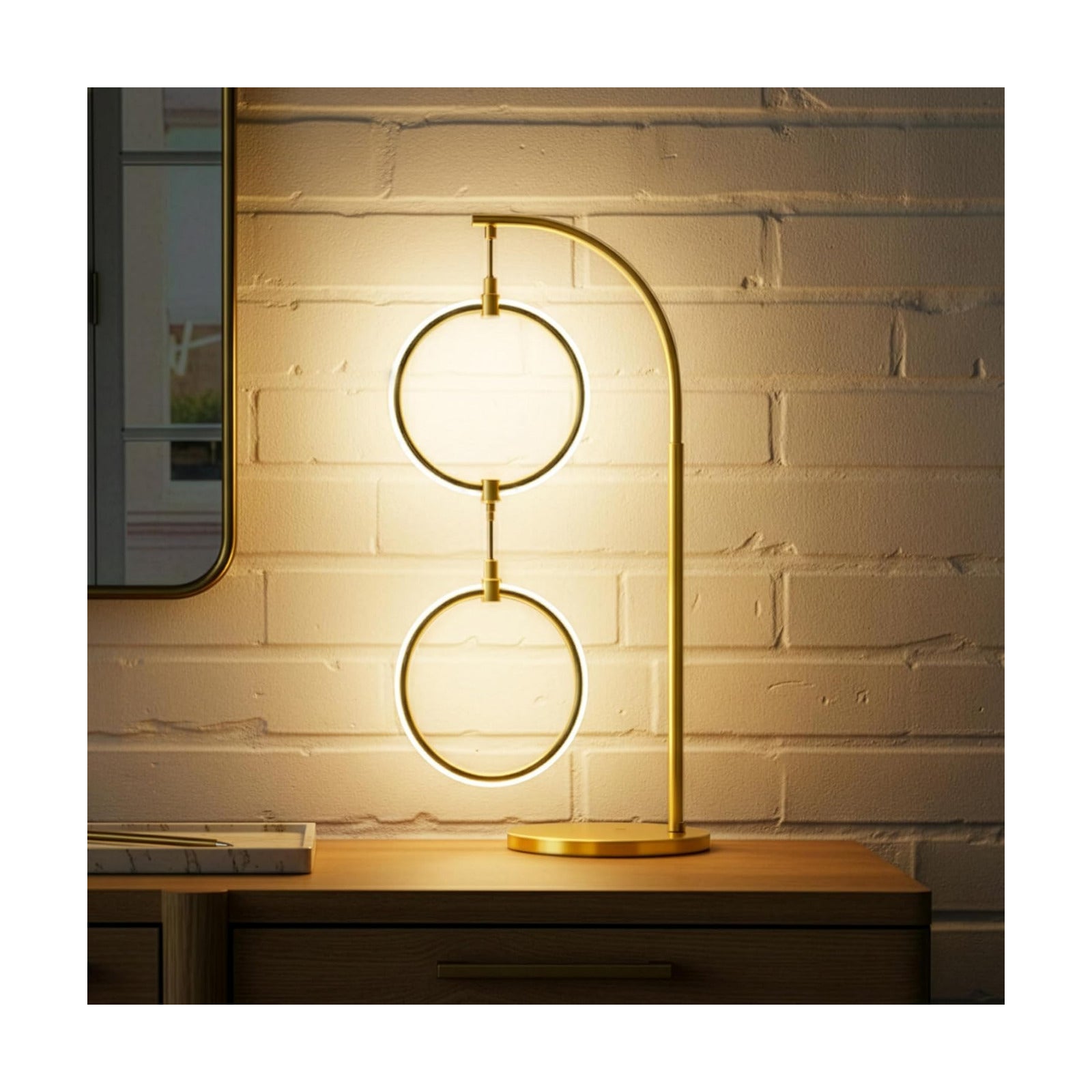 Brightech 2 Ring Lamp - 24" Dimmable LED Table Lamp with 2 Hanging Light Rings, Modern Arc Desk and Bedside Nightstand