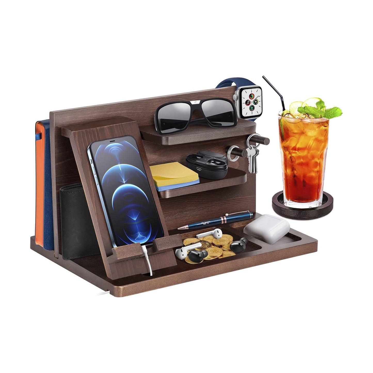 Gifts for Men Bedside Organiser Wood Phone Docking Station Dad Birthday Gifts for Him Nightstand Key Wallet Watch Stand