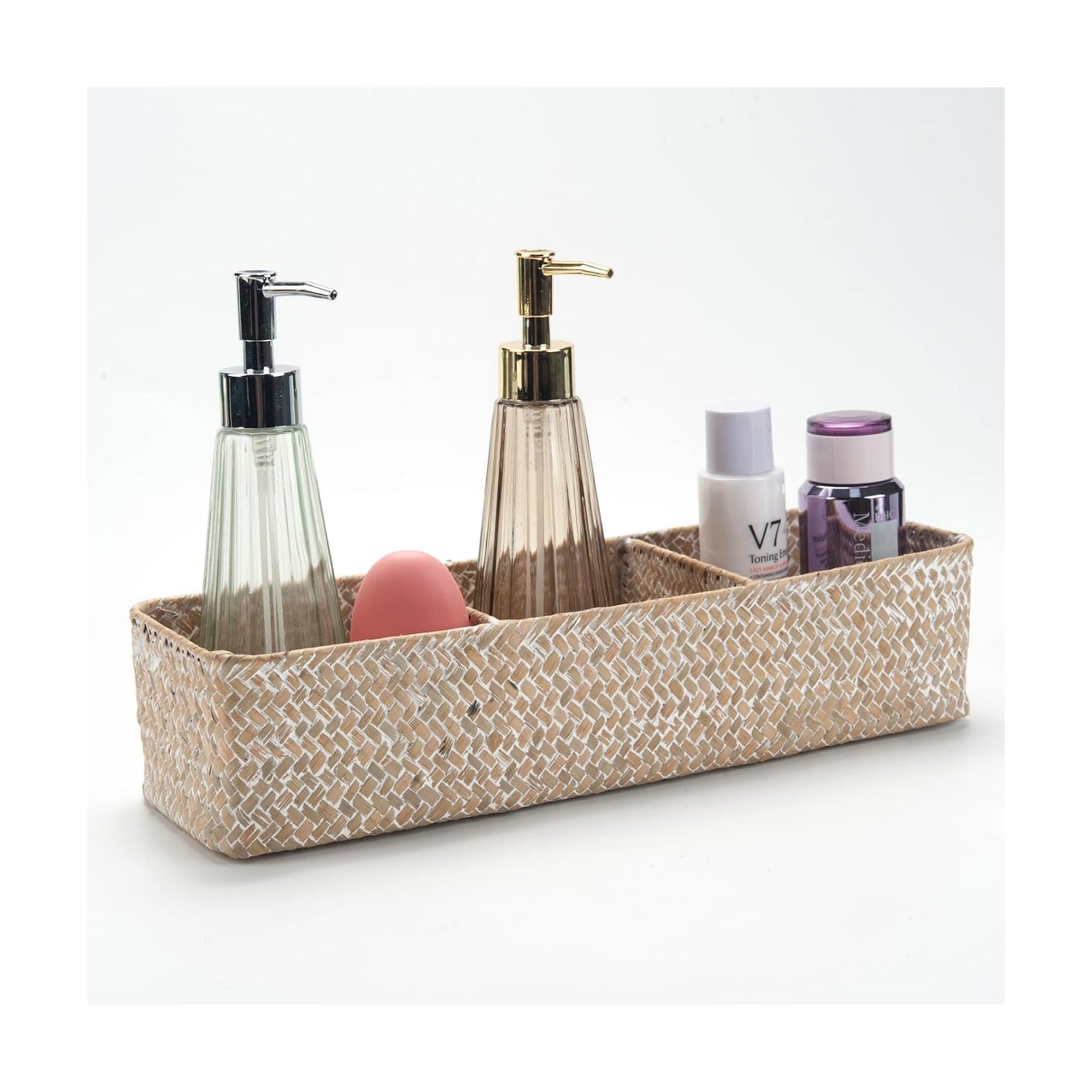 Seagrass Storage Basket 3 Sections Woven Shelf / Whitewash 3 Sections Without Lid / 14.6 x 4.7 x 3.1