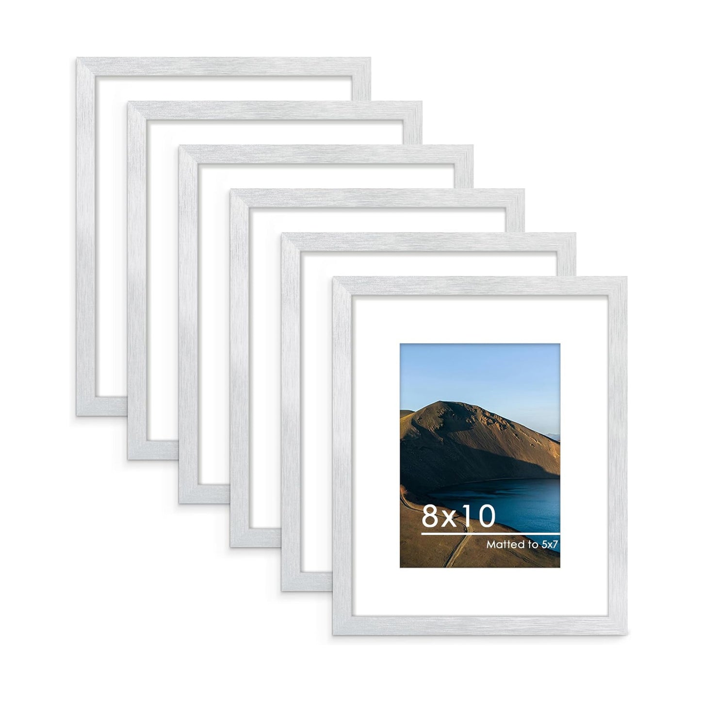 8x10 Picture Frame Set of 6, Wall or Tabletop Display, Silver | Display Pictures 5x7 with Mat or 8x10 Without Mat