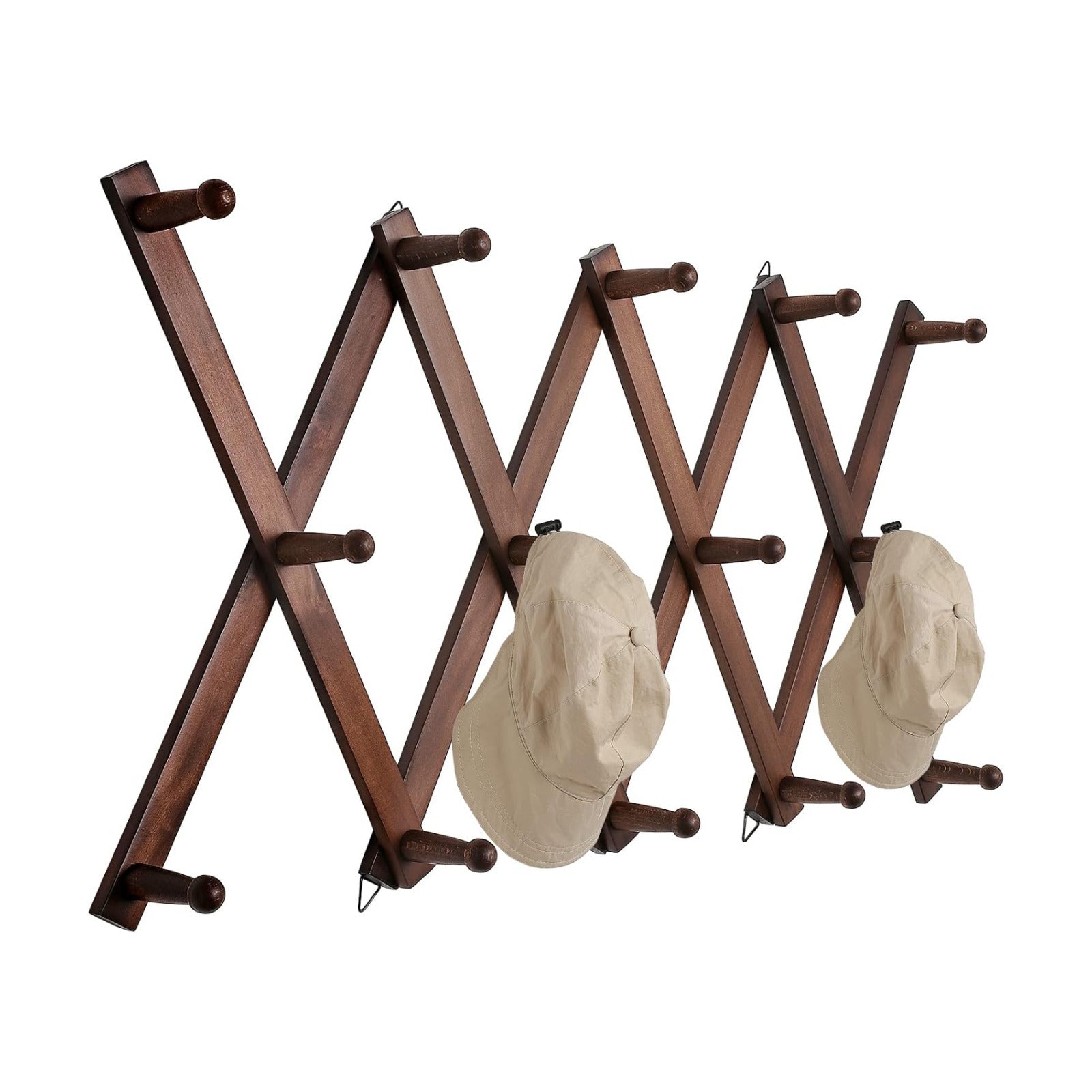 SCUNDA 16 inch High Accordion Wall Hanger with 14 Hooks, Wooden Wall Expandable Coat Rack for Coat, Hats, Baseball