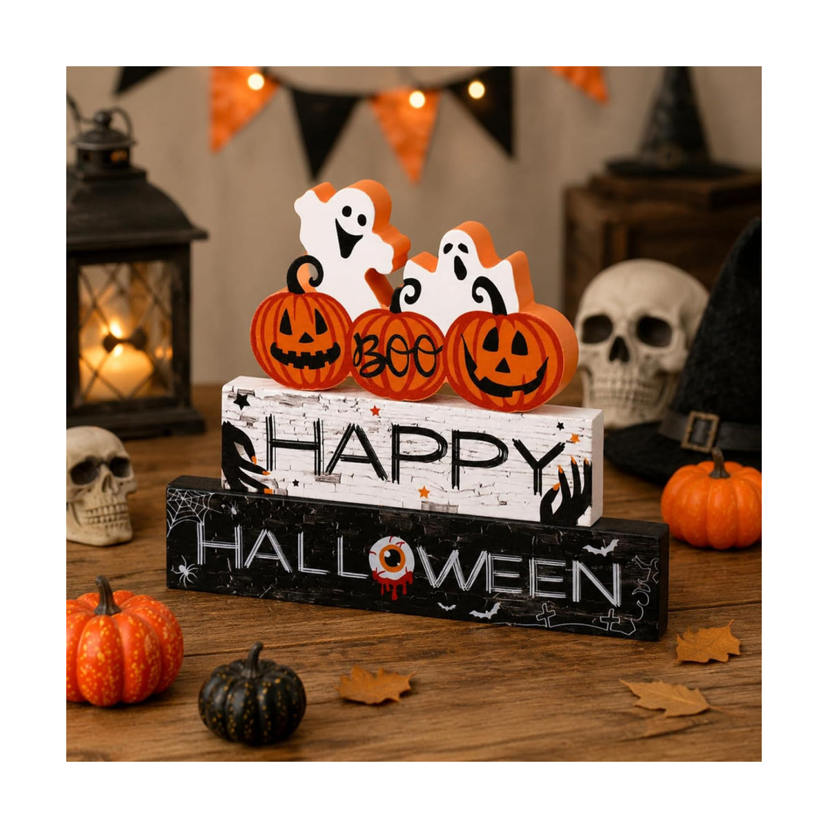 Vicenpal 3 Pieces Halloween Wooden Sign Pumpkin Ghost Table Centerpiece