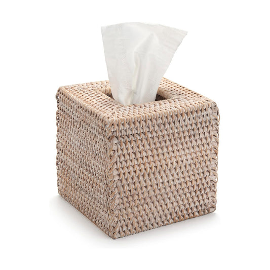 Rattan Tissue Box Cover Natural Woven Facial Napkin Holder Square / White / 5.5 x 5.5 x 5.9