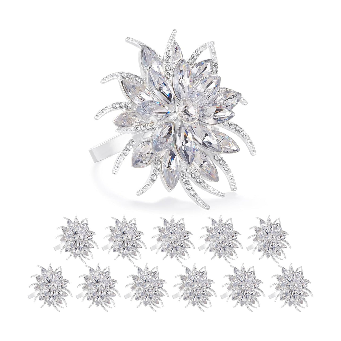 Christmas Flower Napkin Rings Set of 12, Silver Lotus Elegant Rhinestone Napkin Ring Serviette Buckles Holder for