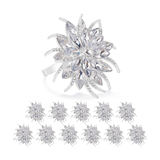 Christmas Flower Napkin Rings Set of 12, Silver Lotus Elegant Rhinestone Napkin Ring Serviette Buckles Holder for