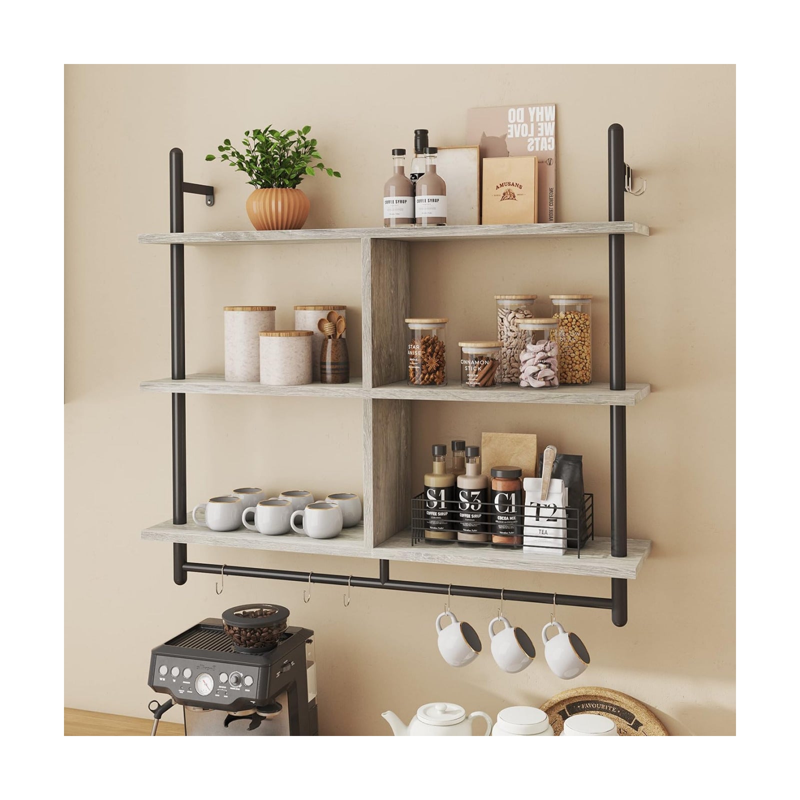 Bestier 41" Floating Kitchen Shelves Wall Mounted 3 Tier Coffee Bar Mug Shelf Hanging with 8 Hooks Display Plant Pipe