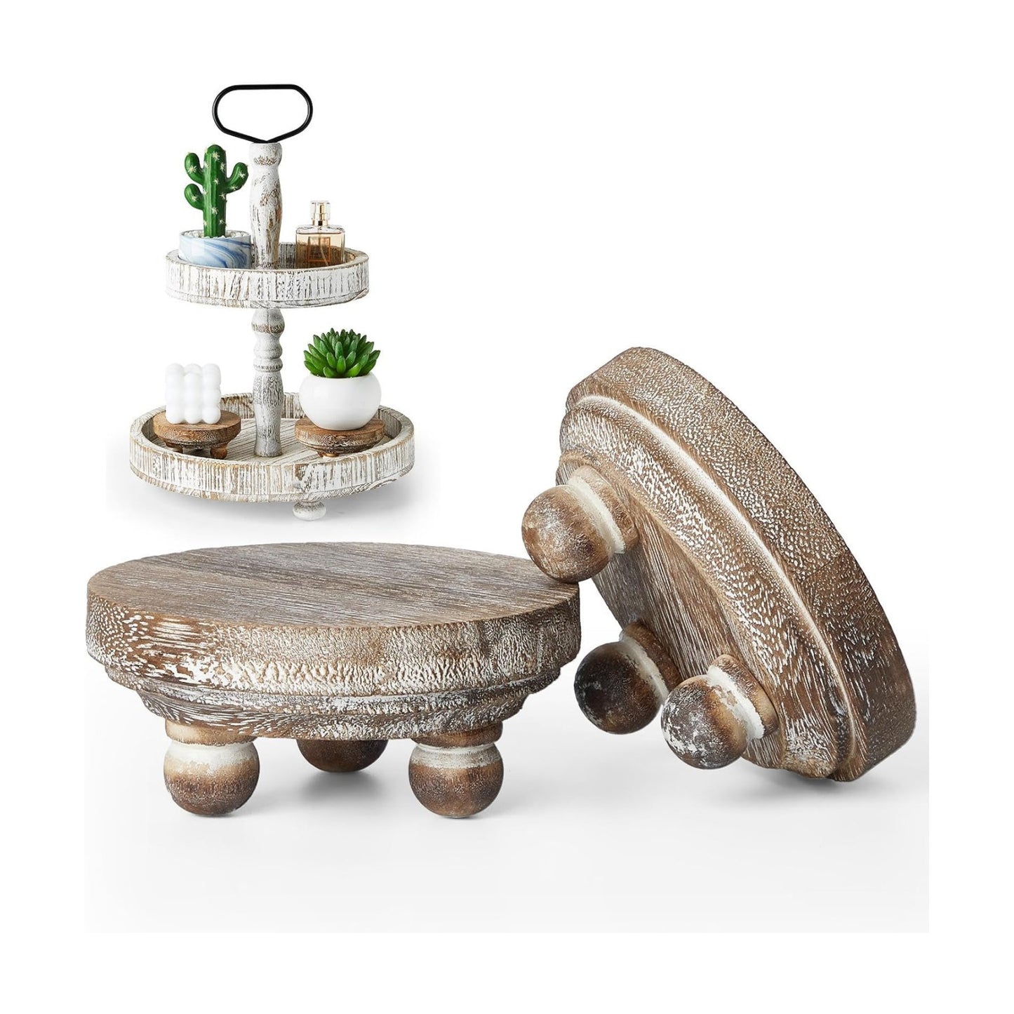 Mini Wood Risers for Decor Round Wooden Riser Small Wooden Stool Display Stand / Brown / Set of 2