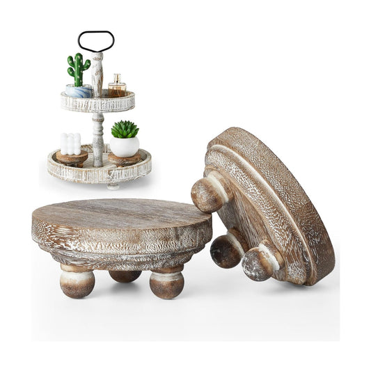 Mini Wood Risers for Decor Round Wooden Riser Small Wooden Stool Display Stand / Brown / Set of 2