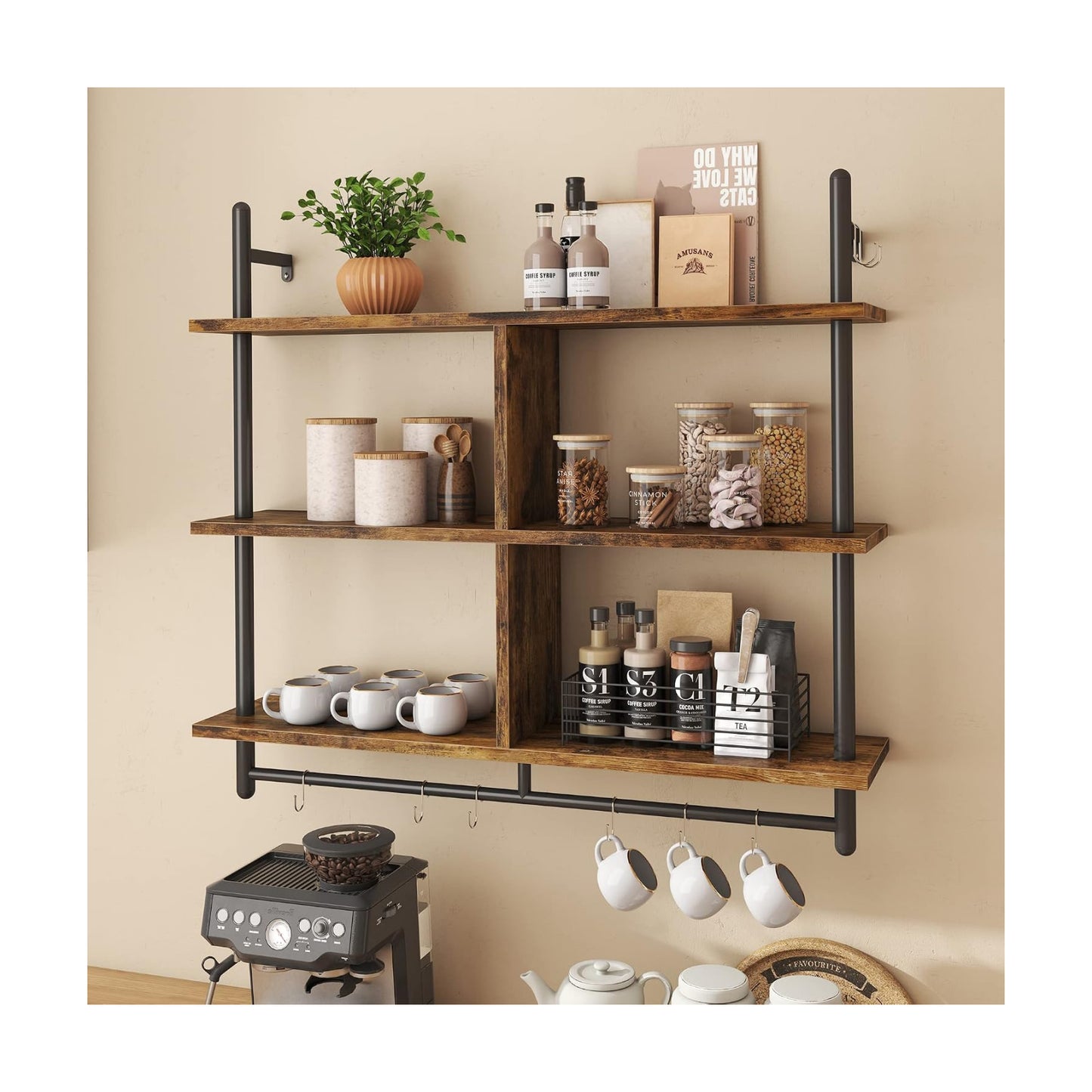 Bestier 41.5" Floating Shelves for Wall 3 Tier Kitchen Shelves Wall Mounted Coffee Bar Shelf Hanging Shelf with 8