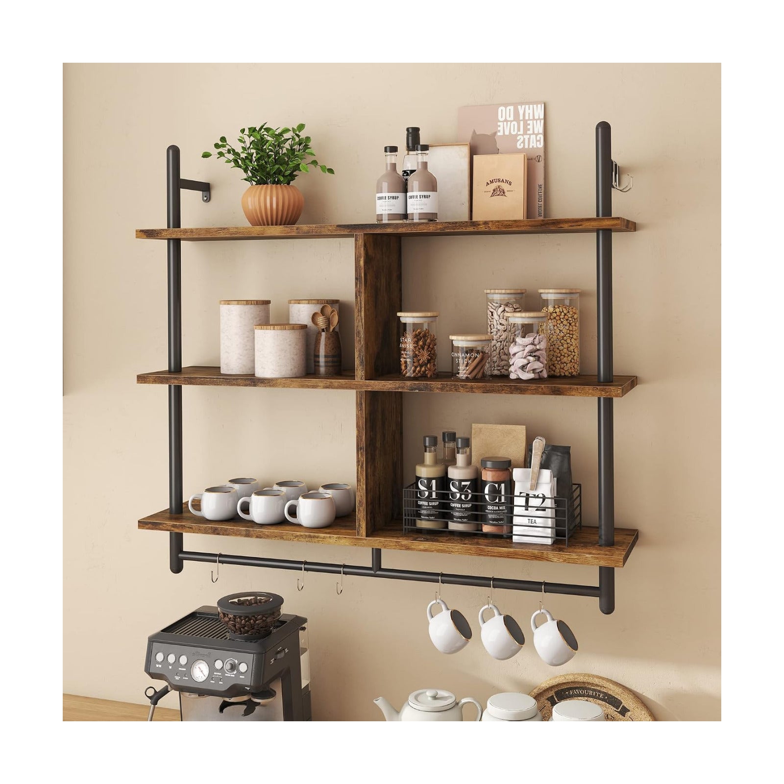 Bestier 41.5" Floating Shelves for Wall 3 Tier Kitchen Shelves Wall Mounted Coffee Bar Shelf Hanging Shelf with 8