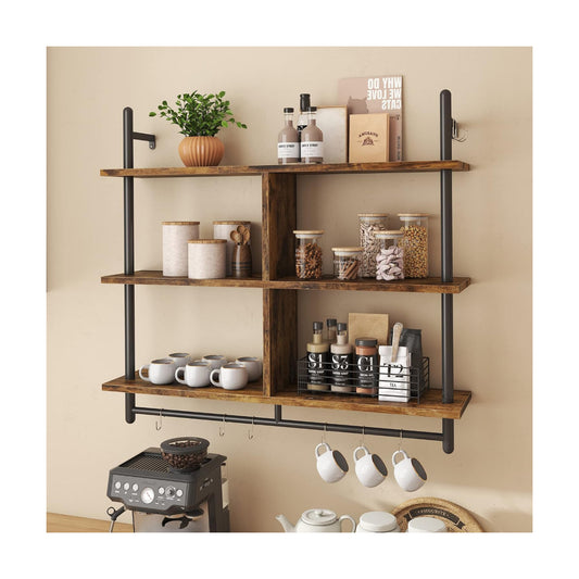 Bestier 41.5" Floating Shelves for Wall 3 Tier Kitchen Shelves Wall Mounted Coffee Bar Shelf Hanging Shelf with 8