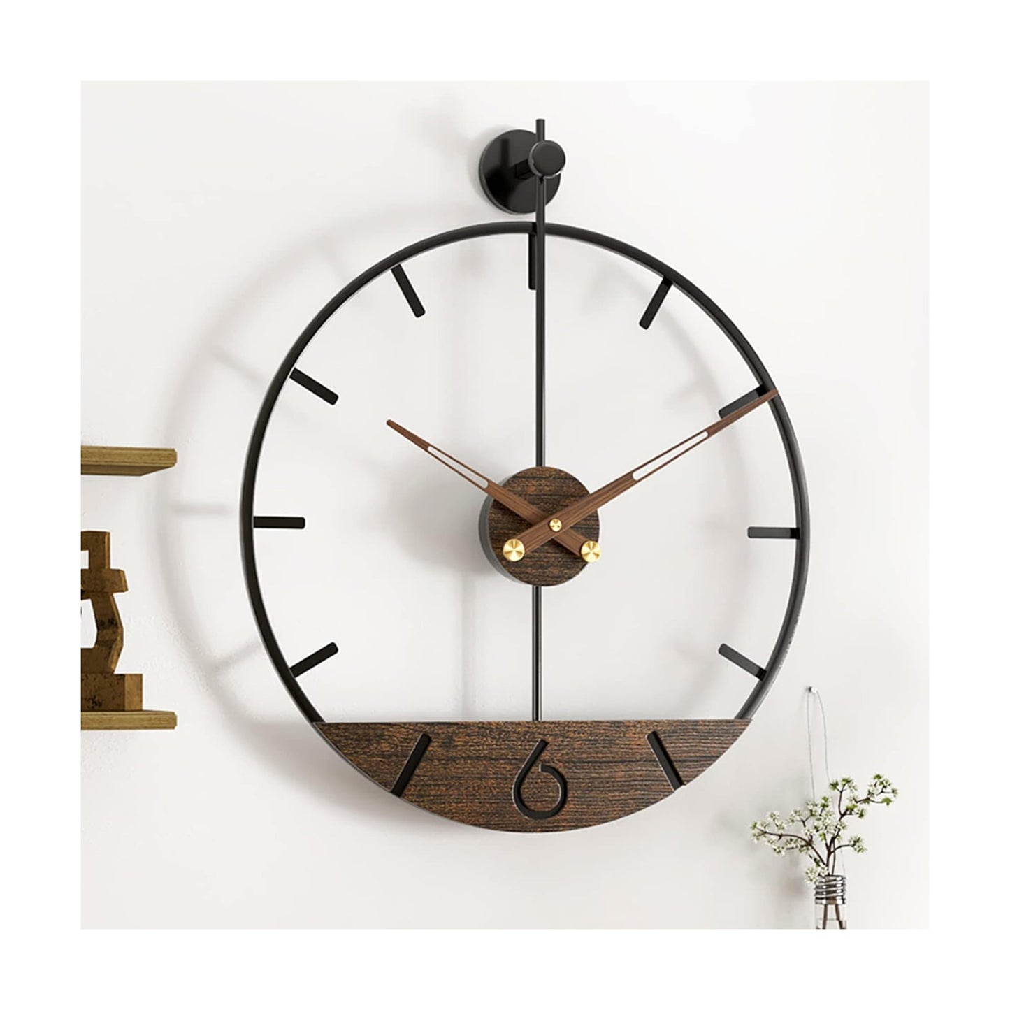 Modern Wood Walnut Dial Wall Clock, Large Simple Wall Decor Metal Frame Silent Non Ticking Clock for Living Room Decor
