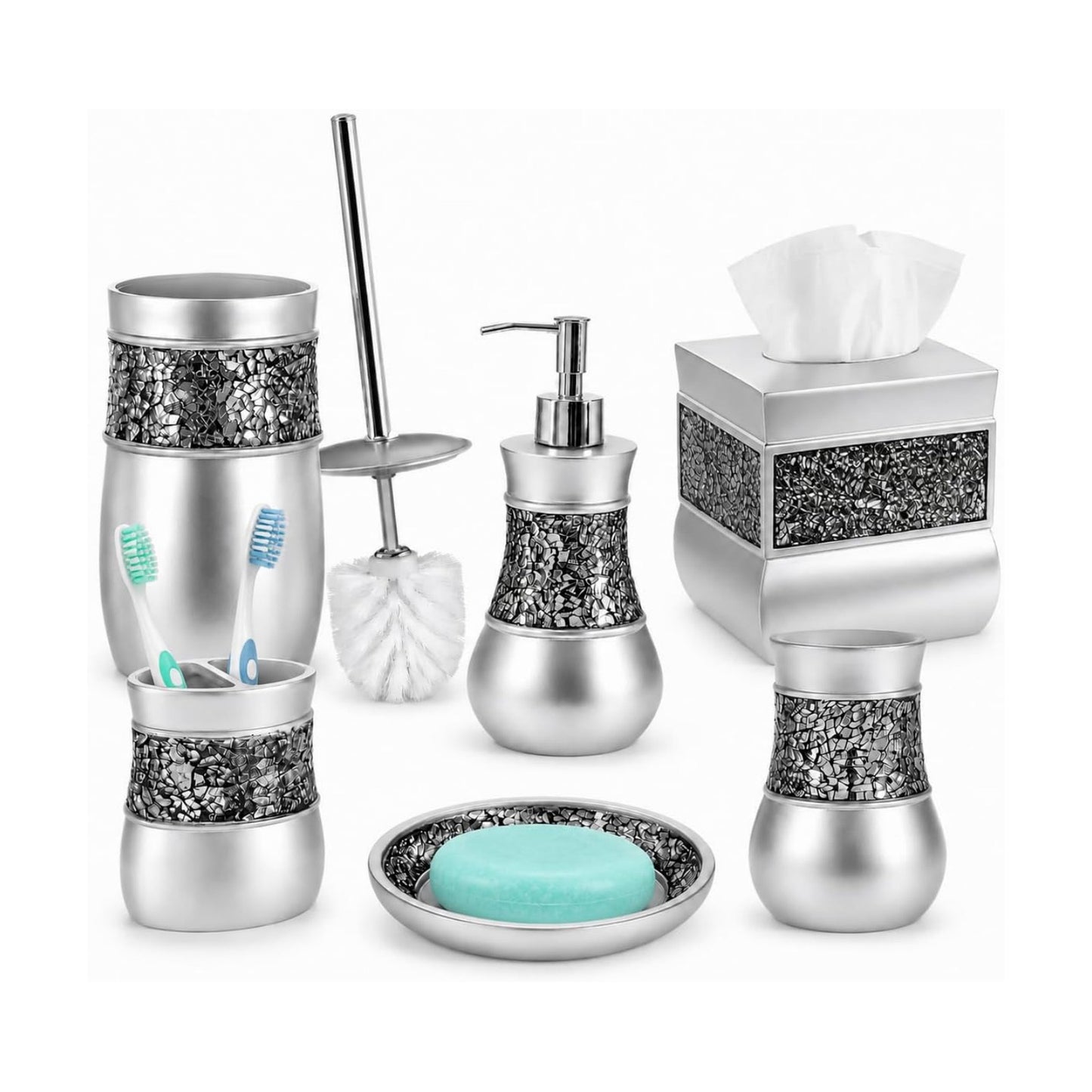 Creative Scents Crackled Glass 6 Pc. Silver Resin Bathroom Accessories Set | Includes Toilet Brush and Holder, Tissue