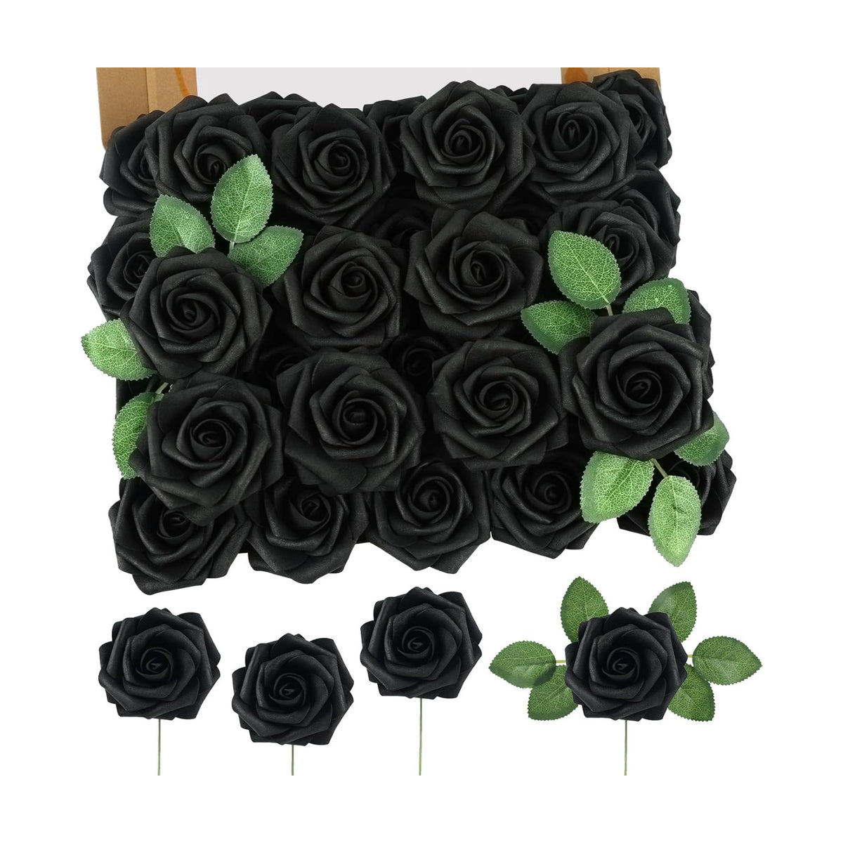 60PCS Black Artificial Flowers, Fake Roses for Halloween Decorations