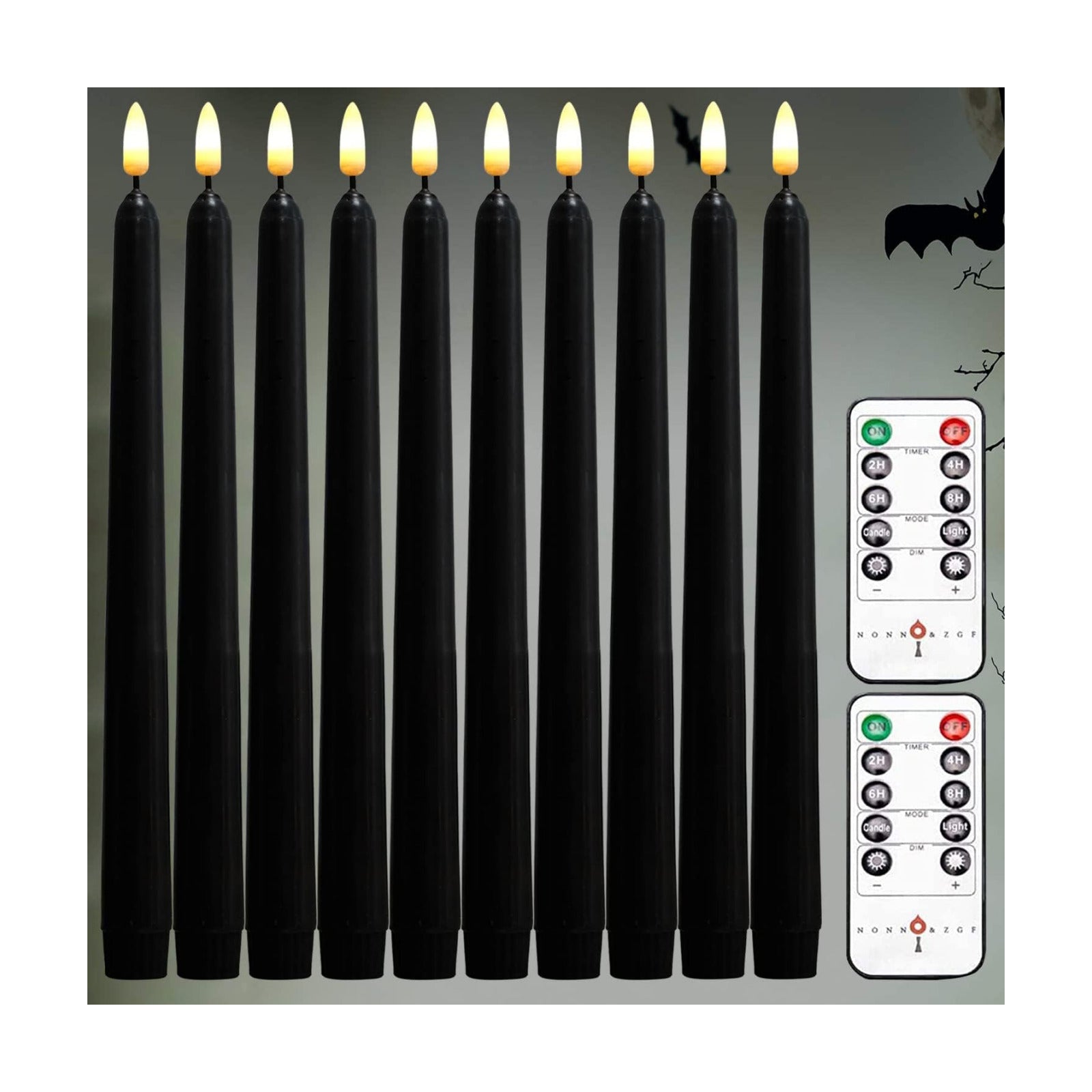 NONNO & ZGF 10 Pack Black 11'' LED Wax Covered Taper Candles with 2 Remote Control, Flameless Battery Operated Decor