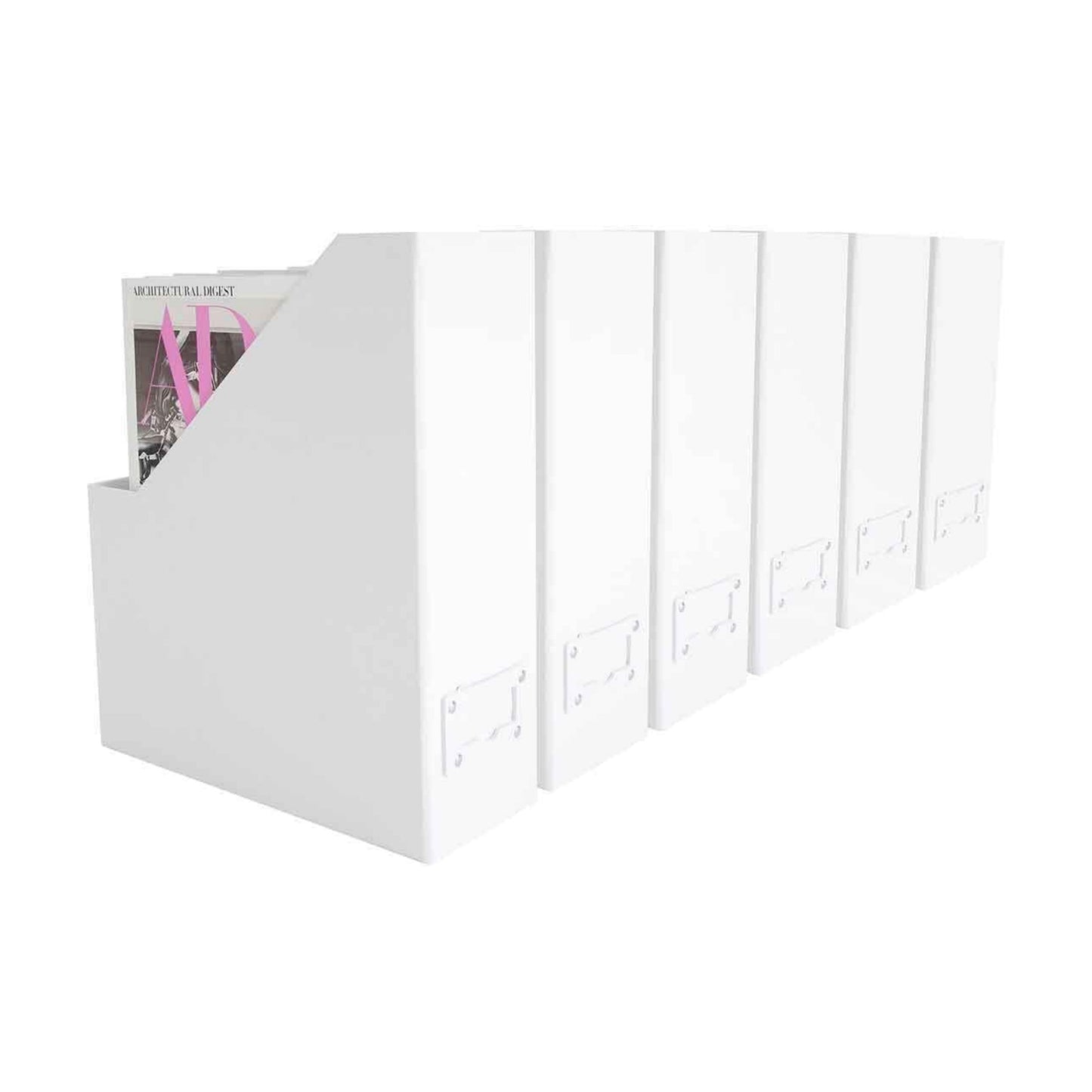 BLU MONACO Set of 6 Foldable White Magazine File Holders | Vertical Desk File Organizer Boxes With Leather Label