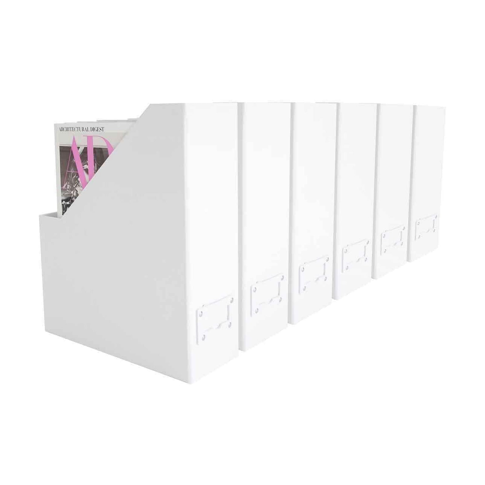 BLU MONACO Set of 6 Foldable White Magazine File Holders | Vertical Desk File Organizer Boxes With Leather Label