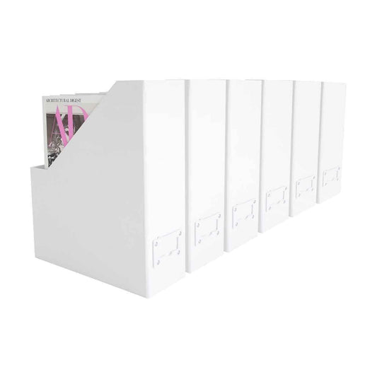 BLU MONACO Set of 6 Foldable White Magazine File Holders | Vertical Desk File Organizer Boxes With Leather Label