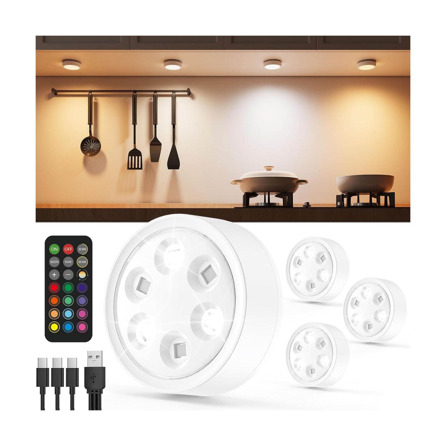 2400mAh Rechargeable Puck Lights with Remote, Magnetic Shelf Light | RGB Color Changing, USB-C, Timer, Tap Control