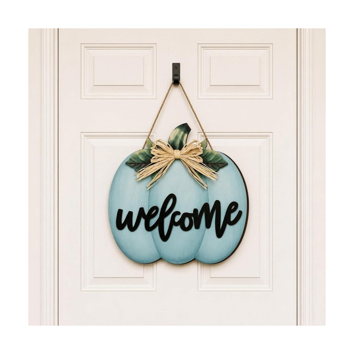 Jetec Fall Door Decor, Wooden Fall Pumpkin Welcome Sign Hanger, Dusty Blue
