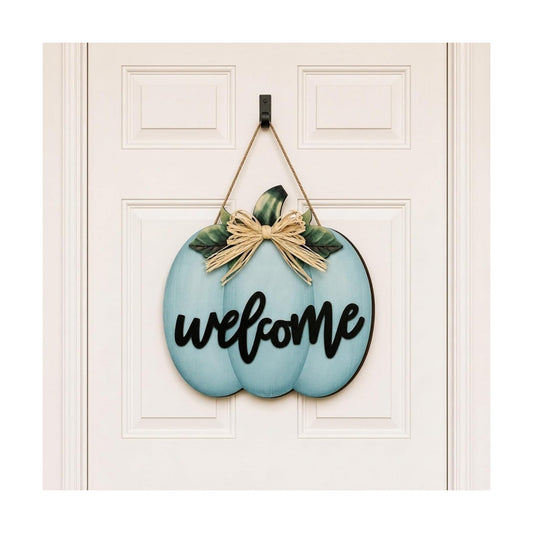 Jetec Fall Door Decor, Wooden Fall Pumpkin Welcome Sign Hanger, Dusty Blue