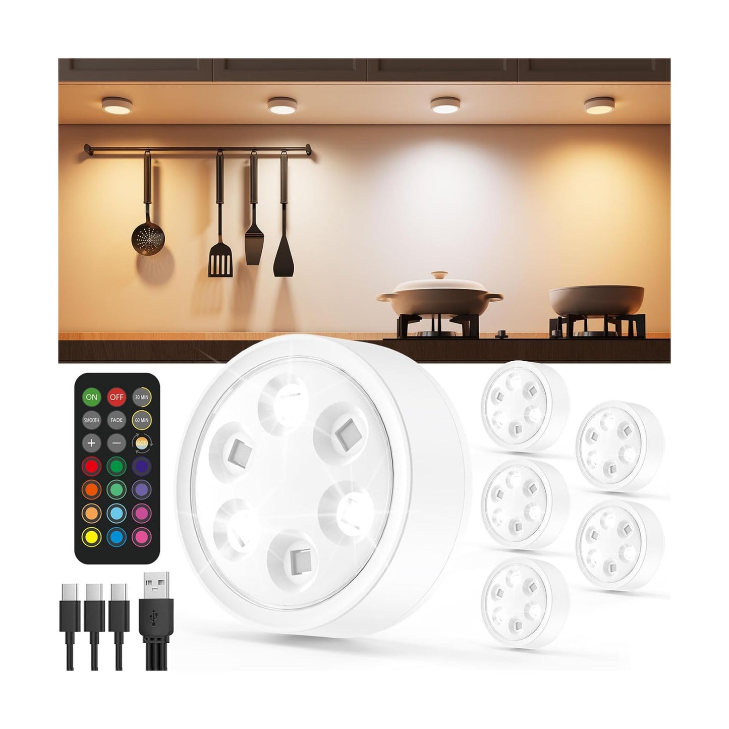 2400mAh Rechargeable Puck Lights with Remote, RGB Under Cabinet Light | USB-C Charging, Color Changing, Timer, Push