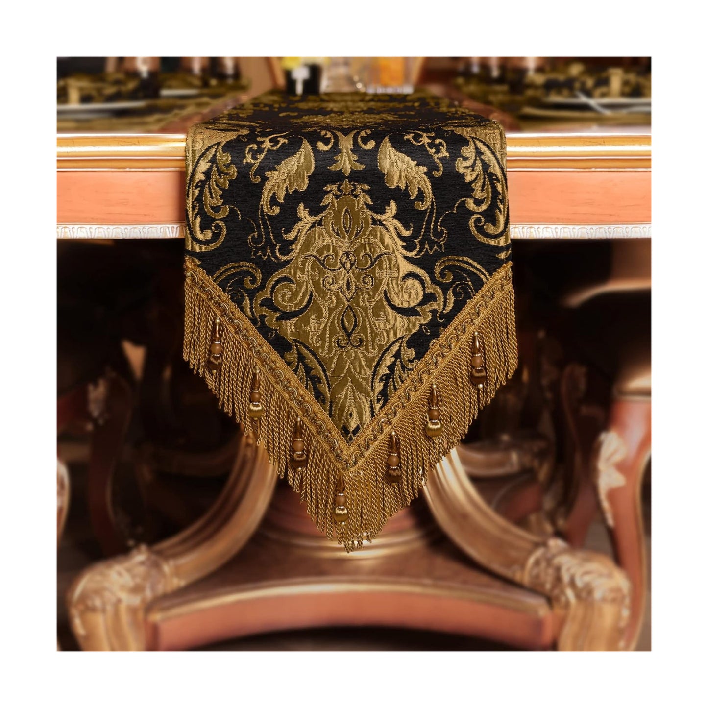 Loom and Mill Luxury Vintage Chenille Table Runner 120 Inches Long, Black | Damask Jacquard Table Runners with
