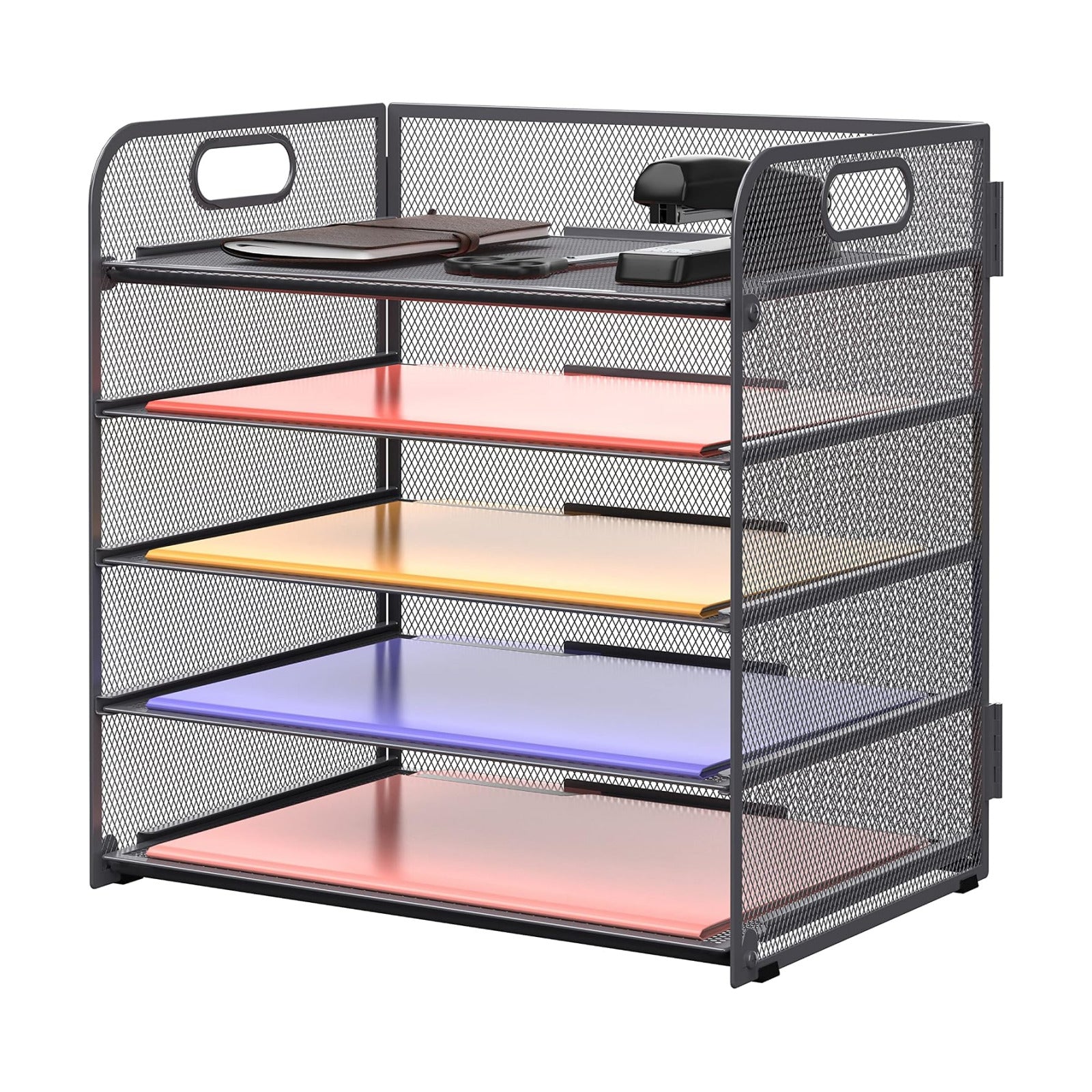 5 Trays Paper Organizer Letter Tray with Handle-Mesh Desk File Organizer, Grey Paper Sorter Desk Organizer for Office