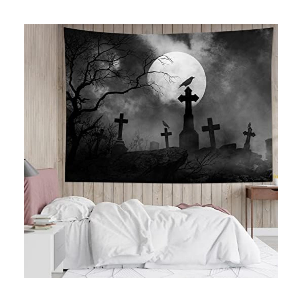 HVEST Halloween Tapestry Full Moon Black Crow Tombstone Dead Tree Tapestry for Bedroom, Scary Grey Cemetery Forest Wall Decor Blanket Home Holiday Living Room Decorations, 59W X 51H Inches