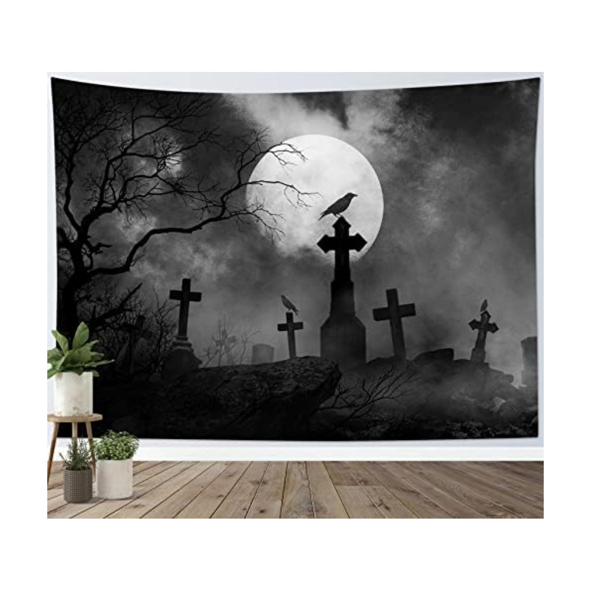 HVEST Halloween Tapestry Full Moon Black Crow Tombstone Dead Tree Tapestry for Bedroom, Scary Grey Cemetery Forest Wall Decor Blanket Home Holiday Living Room Decorations, 60W X 40H Inches