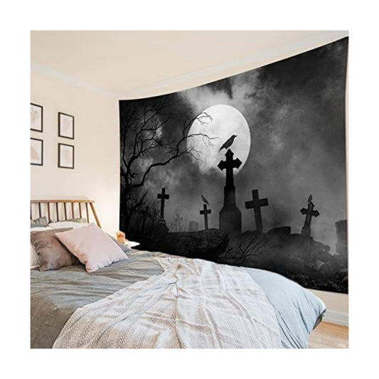 HVEST Halloween Tapestry for Bedroom, Black and White Spooky Forest Tapestry Wall Hanging Crow Full Moon Scary Halloween Wall Art for Living Room College Dorm Party Decor Backdrop,92.5W X 70.9H inches