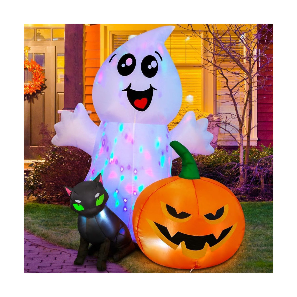 COMIN Halloween Inflatable 5FT Ghost with Black Cat and Pumpkin, Built-in LEDs Blow Up Yard Decoration for Party Outdoor Yard Garden Lawn