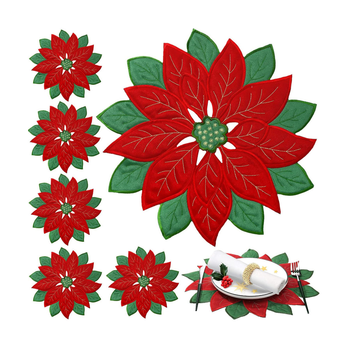 Christmas Poinsettia Placemats Set of 6, 14 Inch Embroidered Table Mats