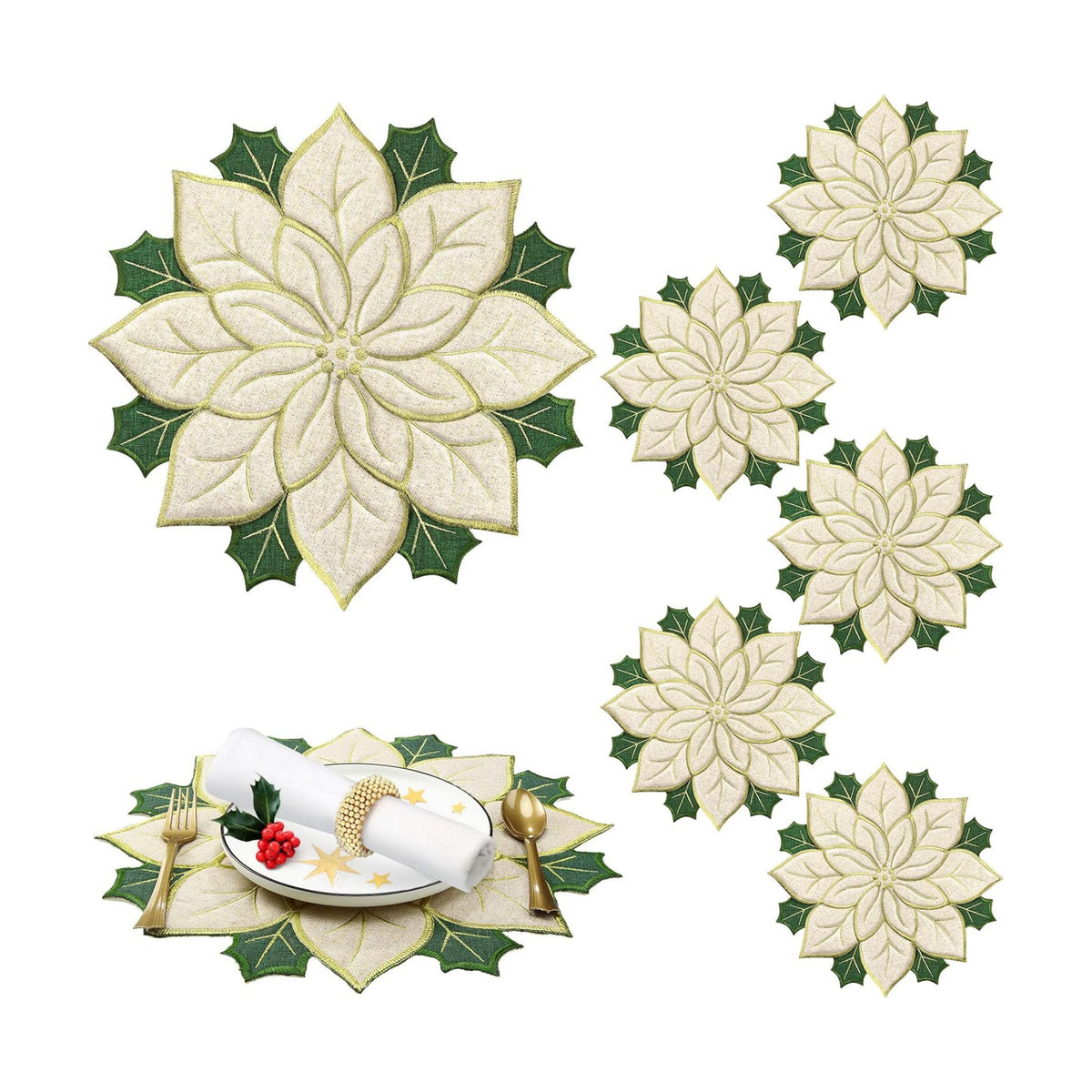 Christmas Green Poinsettia Placemat Set of 6, 14 Inch Embroidered Table Mat