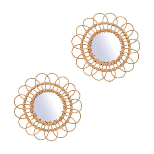 11" Rattan Innovative Art Decoration Round Makeup Mirror Dressing Bedroom Bathroom Wall / Set of 2