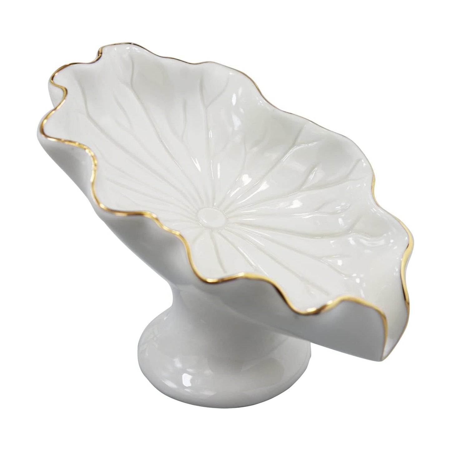Soap Dish Ceramic Lotus Leaf Shape Soap Holder Self Draining Soap Dish Waterfall Slot Sponge / White