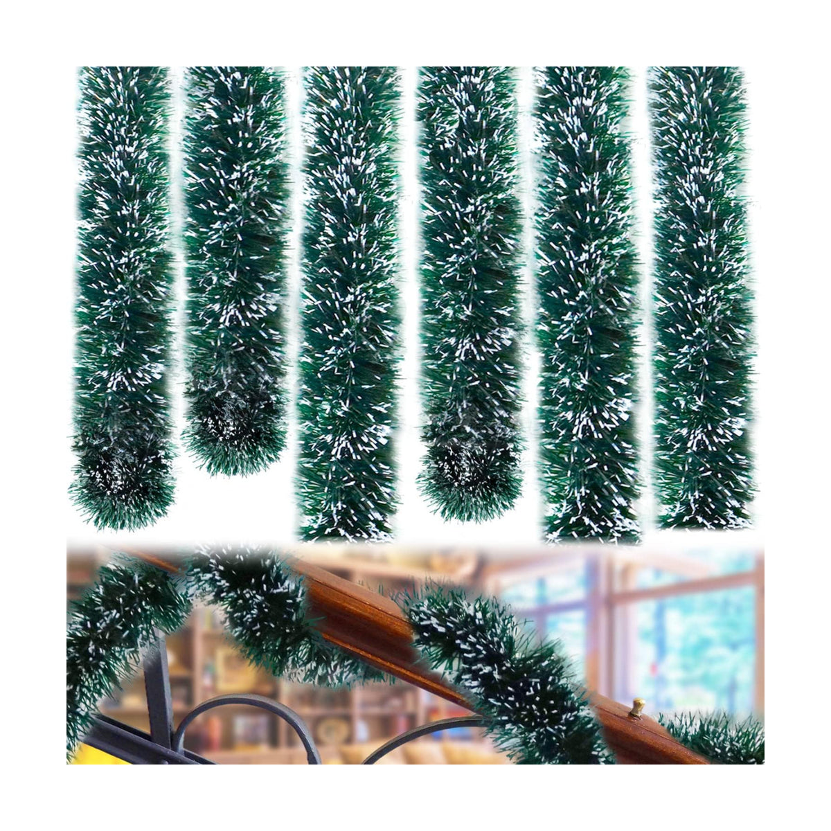 50 Feet Garland for Christmas Decorations,Green Snowy Garland,Artificial Christmas Pine Streamers for Party Hanging Ceiling Decorations