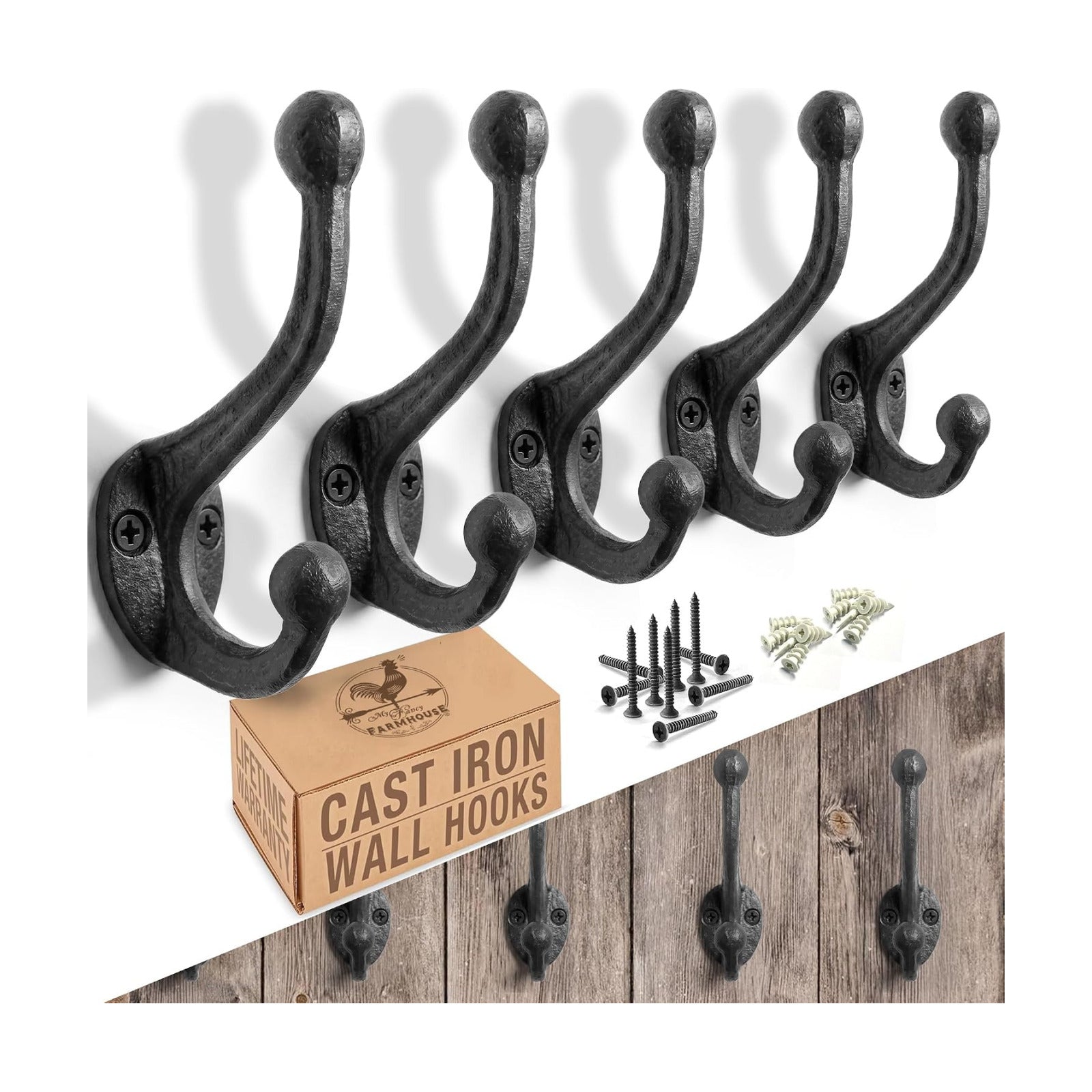 Vintage Hooks for Hanging Coats / Antique Black / Large Simple / Set of 5