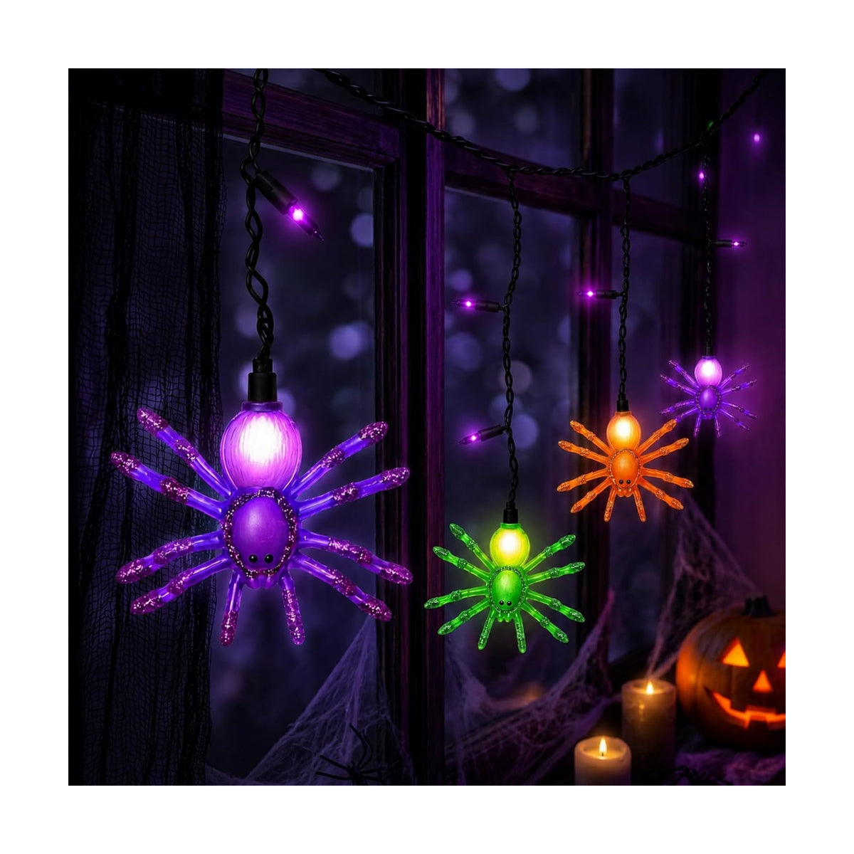 7FT Halloween Spider Curtain String Lights Plug-in 25 LED Decor