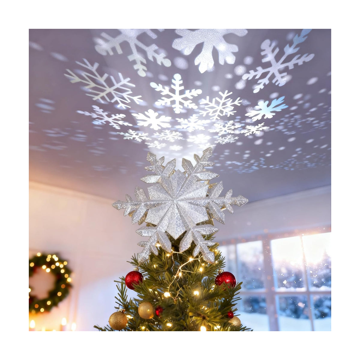 DG-Direct Christmas Tree Topper with Rotating Snowflake Projector, Silver