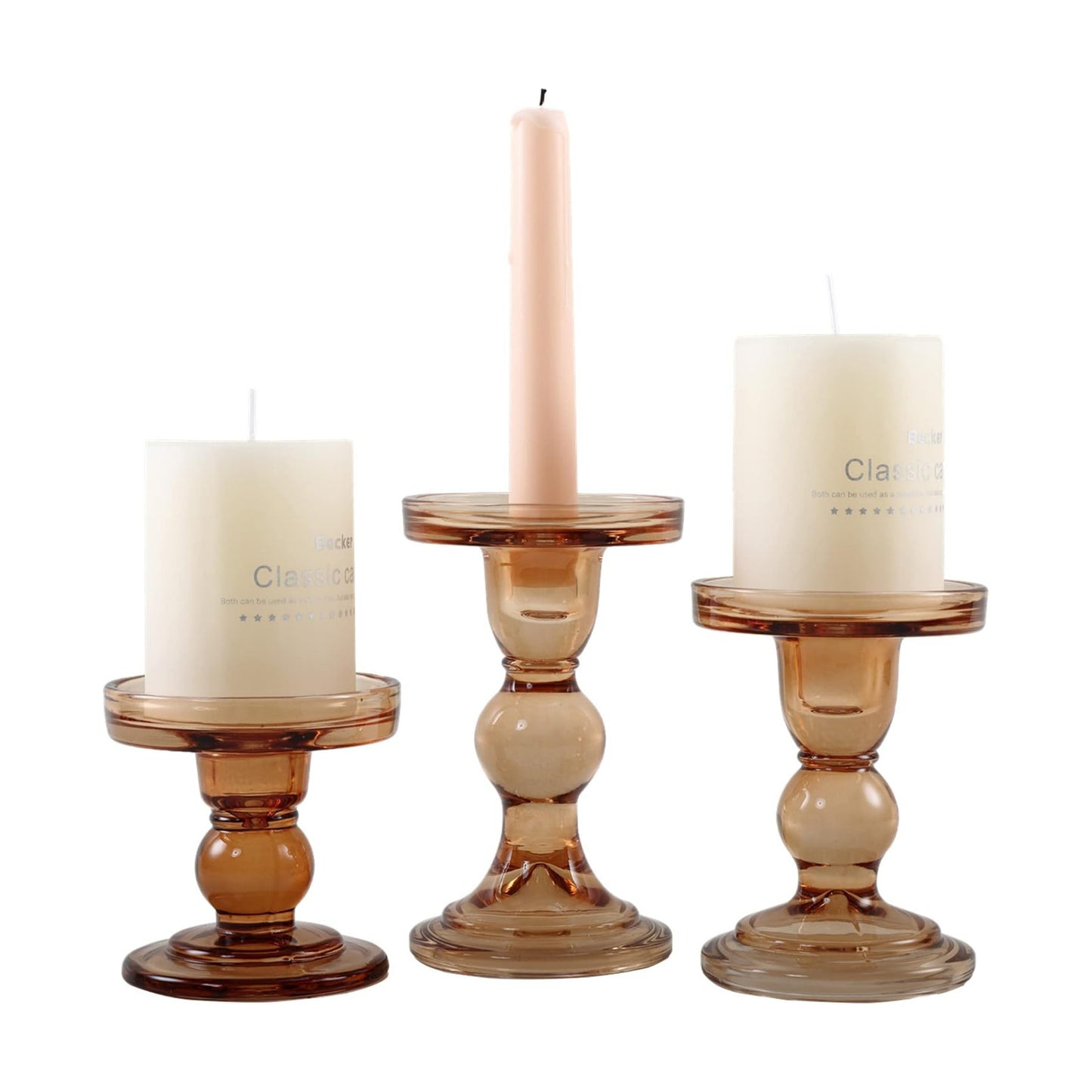GMWD 3 Pcs Glass Candle Holder Set Clear, Amber Candlesticks Holders Pillar Taper Candles Tealight Stand for Wedding