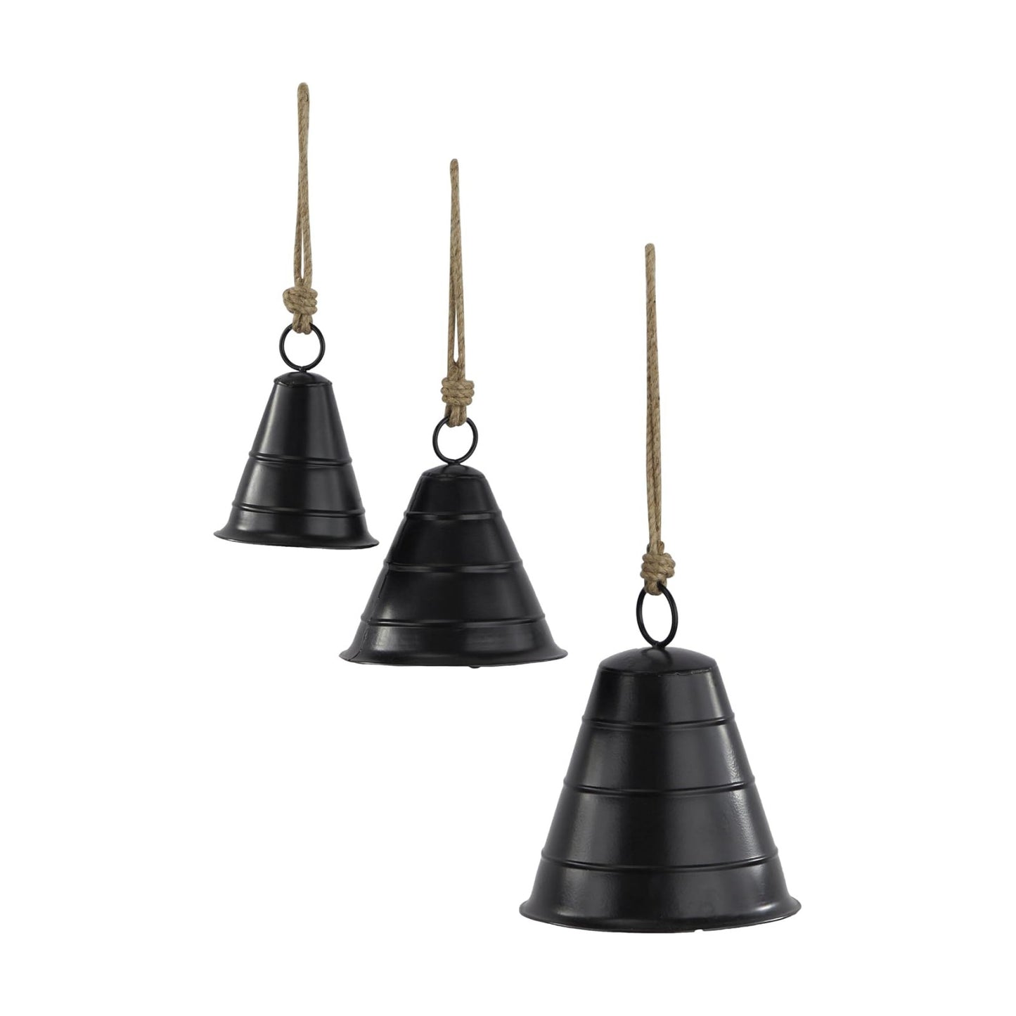 Deco 79 Black Metal Tibetan Inspired Decorative Cow Bells with Jute Hanging Rope, Set of 3 10", 8", 5"H - Wide Cone