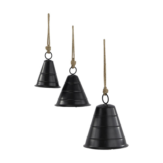 Deco 79 Black Metal Tibetan Inspired Decorative Cow Bells with Jute Hanging Rope, Set of 3 10", 8", 5"H - Wide Cone
