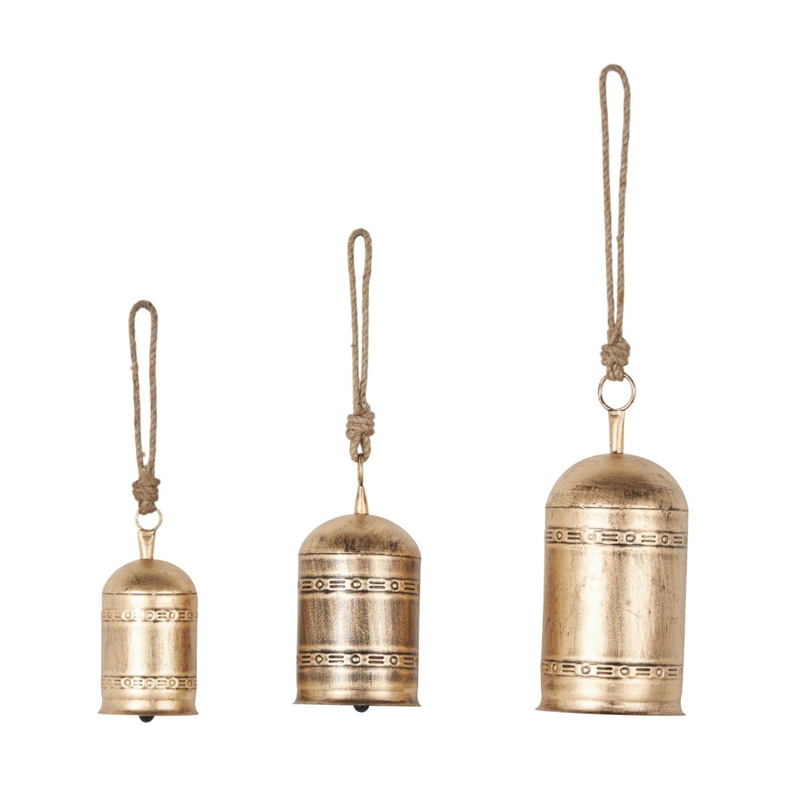 Deco 79 Metal Indoor Outdoor Decorative Cow Bells Tibetan Inspired Meditation Bell with Jute Hanging Rope, Set of 3 Cow